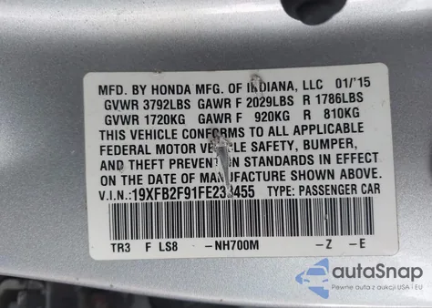 2015 Honda Civic Ex-L from USA, damaged, VIN 19XFB2F91FE233455